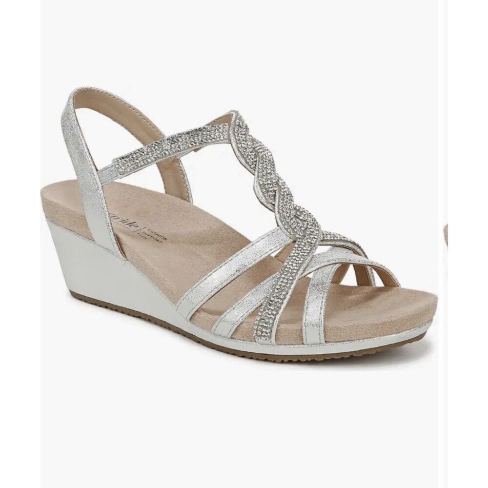 LifeStride Miami Womens Wedge Sandals Sz 8 M Silver Leather Slingback
